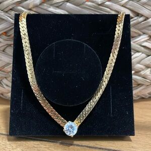 Vintage Gold Tone Thick Chain Necklace with Large CZ  stone.